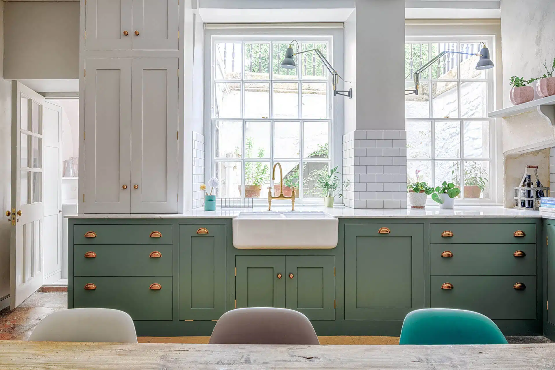 Green Shaker Kitchen with Brass Accents including an Aged Brass Tap from perrin & Rowe