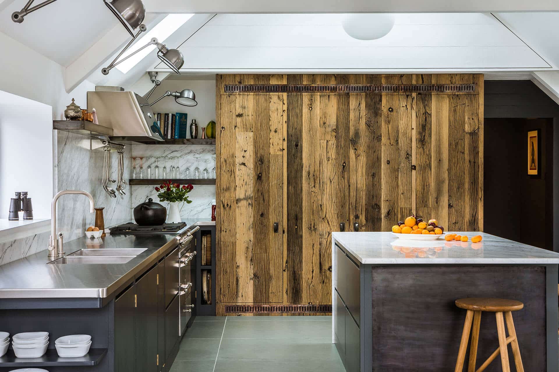 Steel marble reclaimed wood kitchen with reclaimed oak marble island