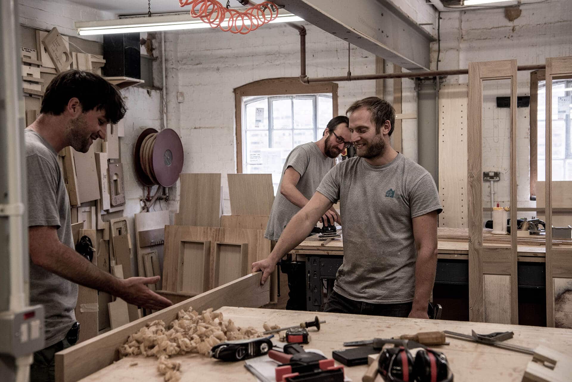 Barney, Joe & Ben in the workshop with shavings September 2018