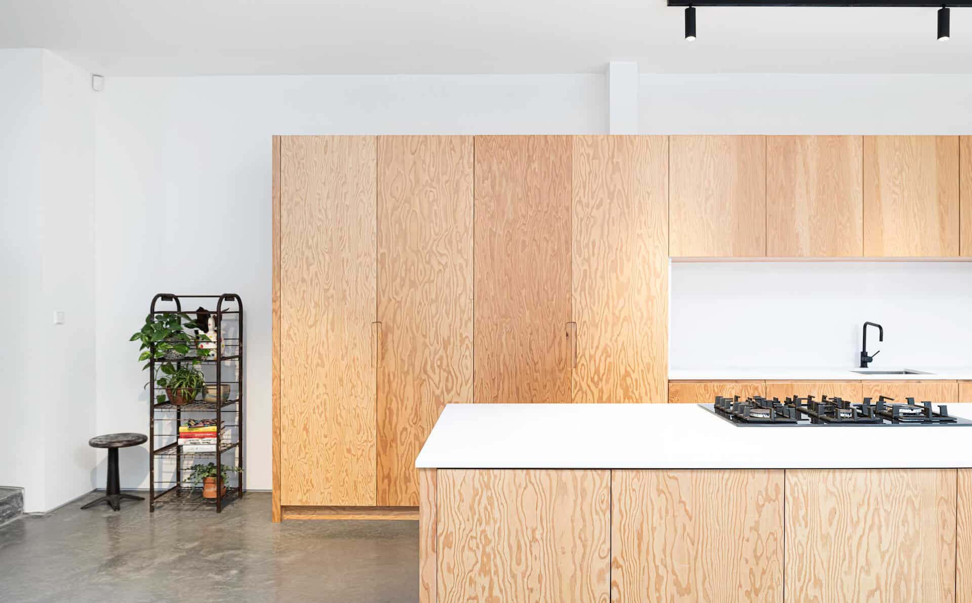 Douglas Fir Plywood Kitchen with white walls and polished concrete floor Sustainable Kitchens