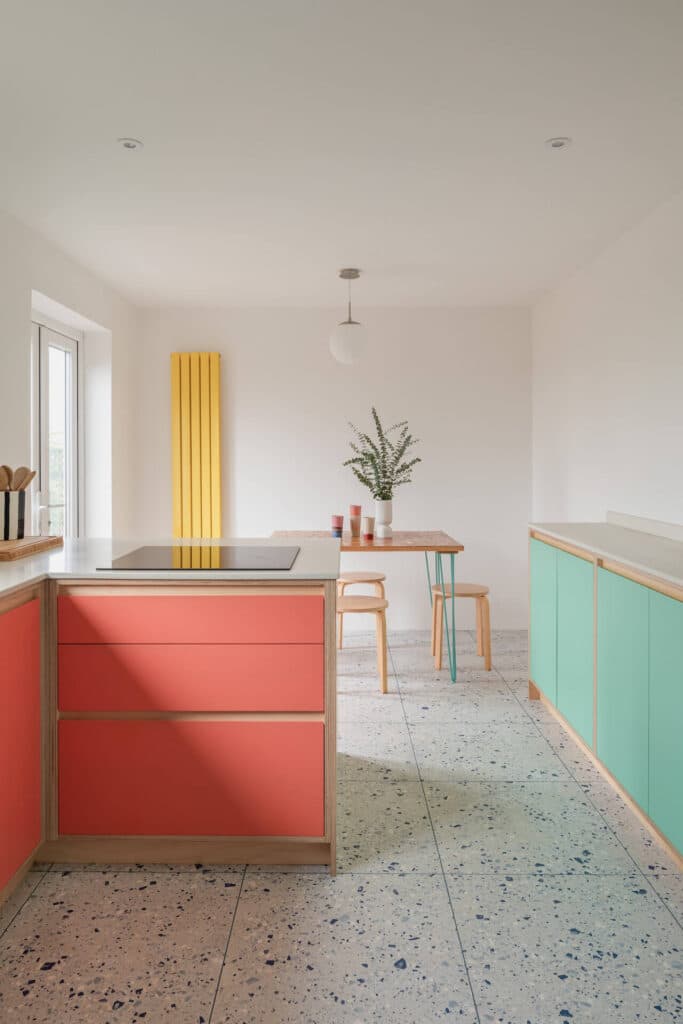 The Moseley Kitchen - Plywood kitchen by Sustainable Kitchens with Mandarin Stone terrazzo floor tiles