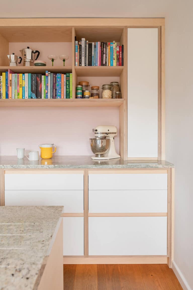 The Bristol Plywood Kitchen - Plywood open wall shelving