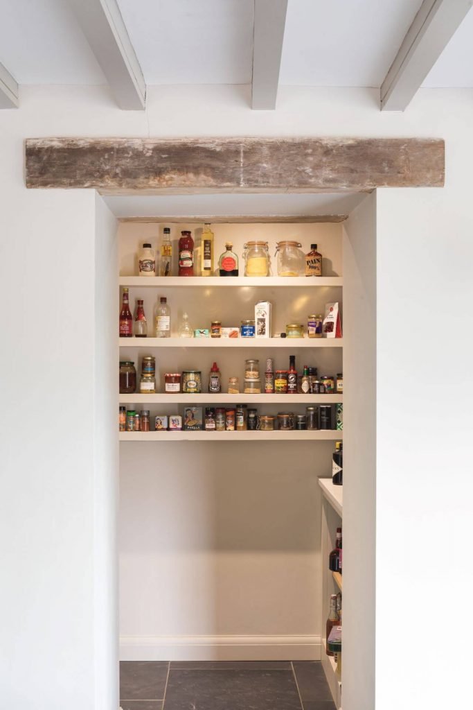 Farmhouse Kitchen - walk in pantry with open shelving