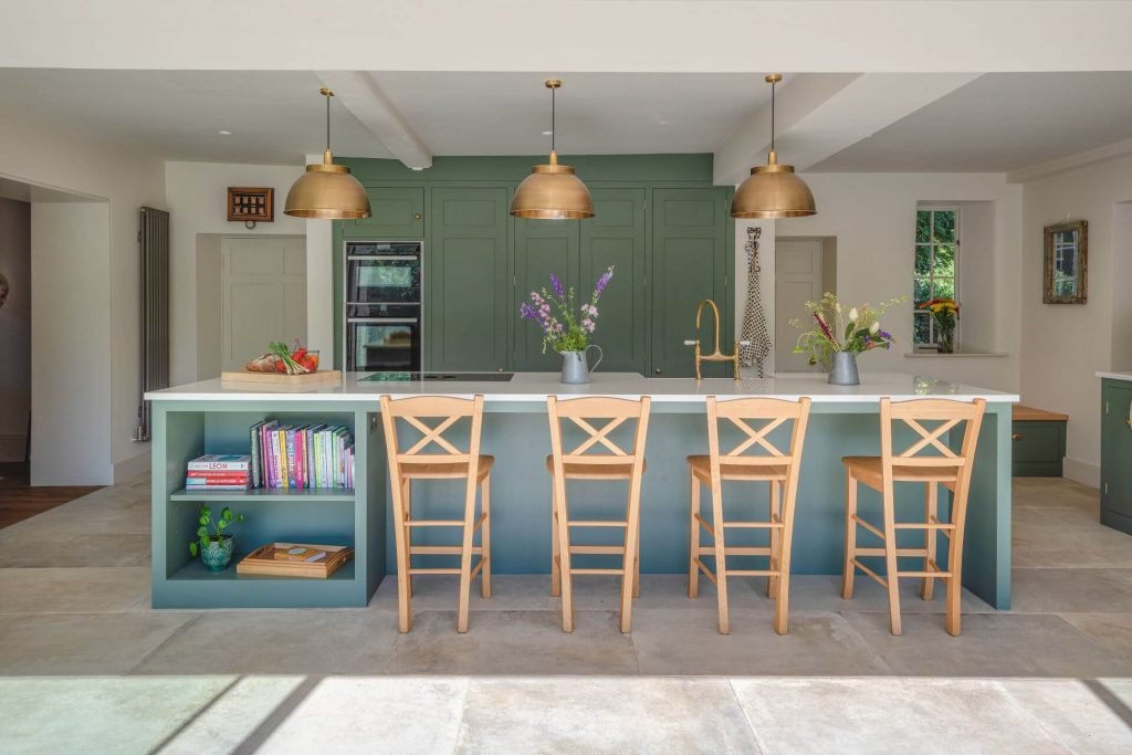 Country Kitchen - Farrow and ball green smoke with island and double larder