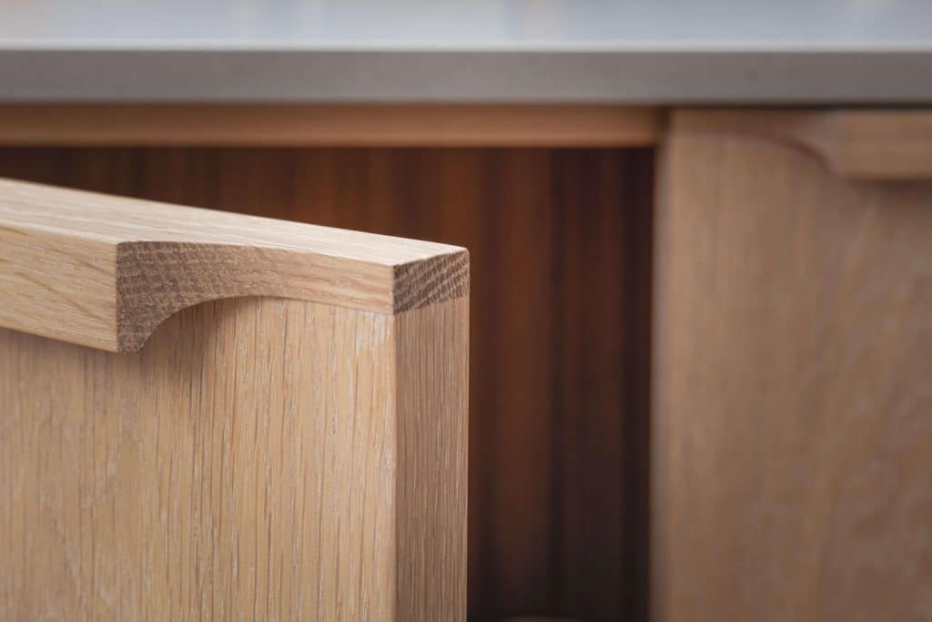 Japandi Kitchen - Bespoke kitchen crown cut oak cabinetry