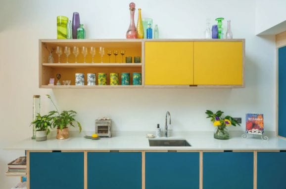 Bespoke kitchen with exposed birch edges and open shelving