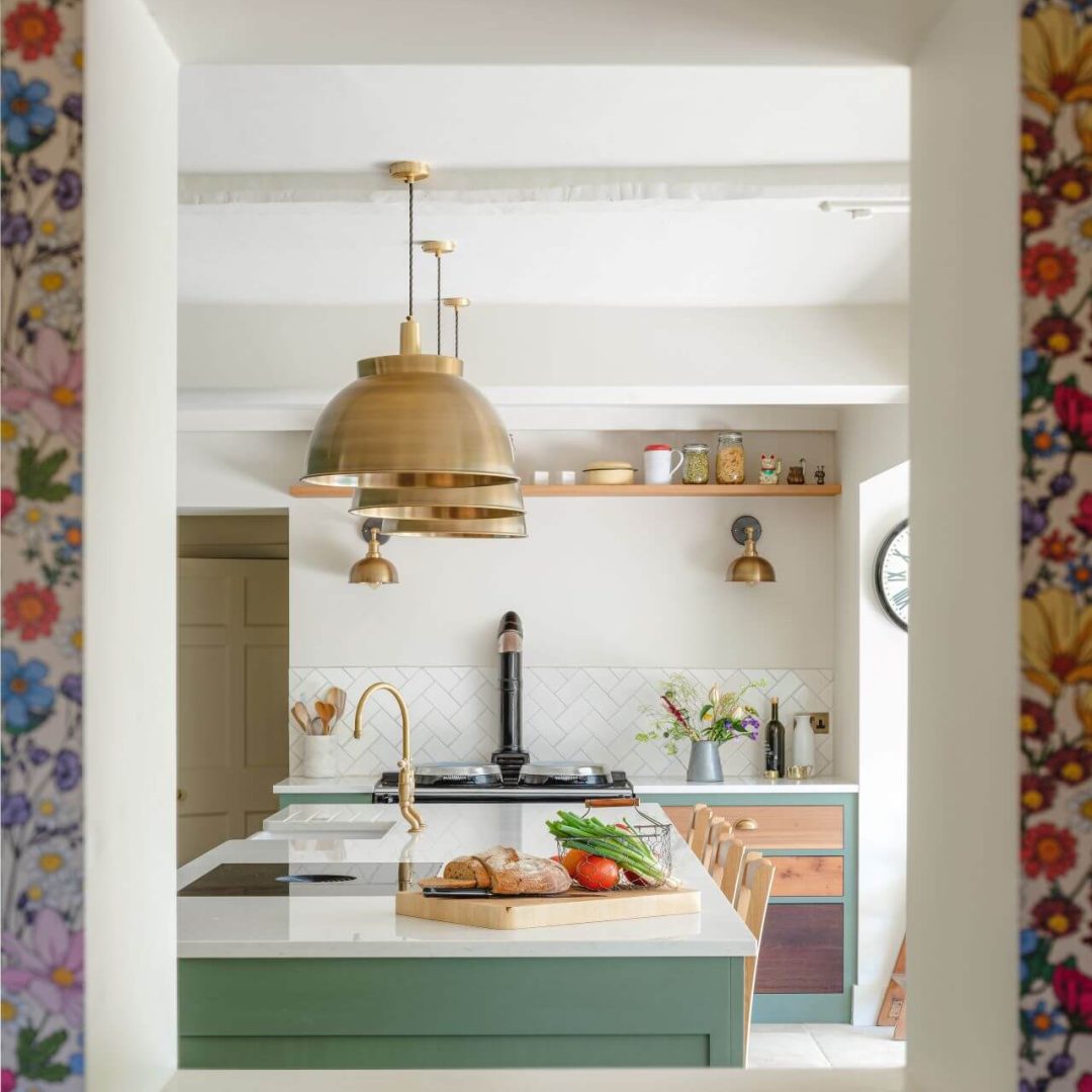 Country Kitchen - Perrin and rowe ionian aged brass tap with arenastone worktop